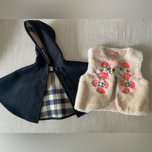 Burberry Black Hooded Cape S + Louise Misha Embroidered Faux Fur Vest size 6yrs